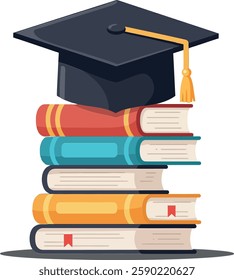 The transition showcases a graduation cap placed on top of vibrant, stacked books, symbolizing education.