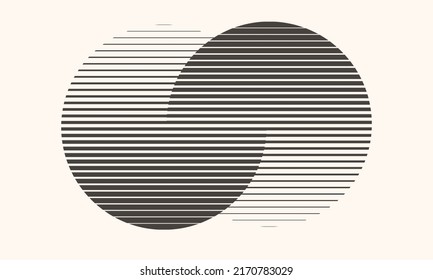 Transition in two circles with parallel lines. Abstract art geometric background for logo, icon, tattoo.