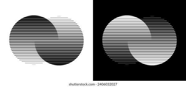 Transition in two circles with parallel lines. Abstract art geometric background for logo, icon, tattoo. Black shape on a white background and the same white shape on the black side.