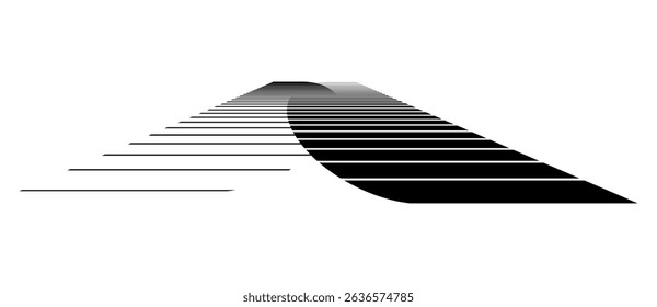 Transition in two semicircles with parallel lines. Abstract art geometric background for logo, icon, design element. Perspective view.