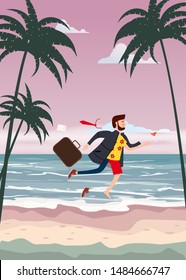 Transition to Vacation. Businessman in business clothes making the transitionon Summer Vacation Beach on Sand Sea Palm and exotic tropical seashore flora. Vector, illustration, isolated.