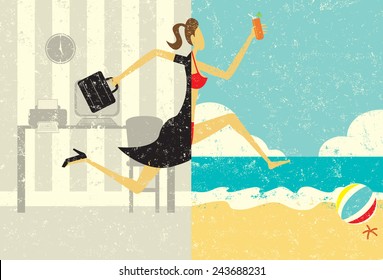 Transition to Vacation A businesswoman with a briefcase making a split image transition to wearing a bikini on a beach vacation. The woman, office, and beach are on separate labeled layers.