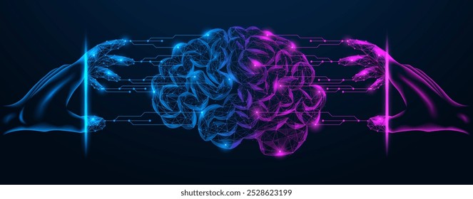 Transition to virtual reality and connection to artificial intelligence. Polygonal design of interconnected lines and particles. Blue background.