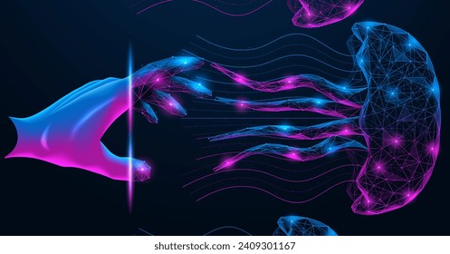 Transition to the virtual world. The hand reaches for the digital model of the jellyfish. Polygonal design of lines and dots.
