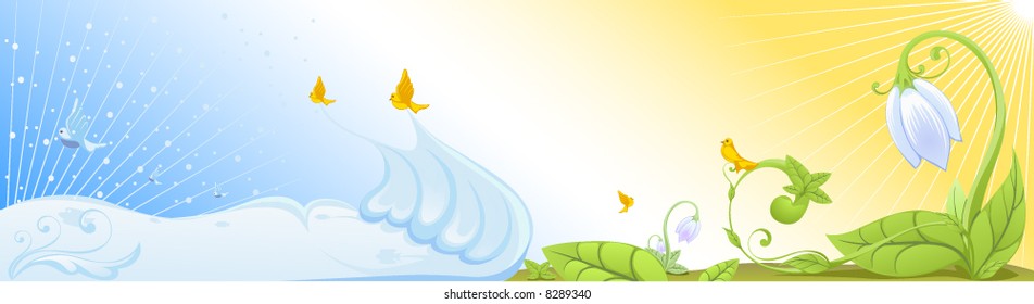 Transition from winter by the spring, first Snowdrop