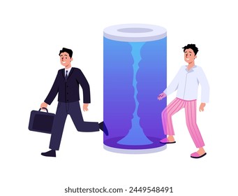 Transition from work to home concept. Vector illustration of a man in a suit stepping through a portal and changing into comfortable home attire, showcasing the balance of professional and personal