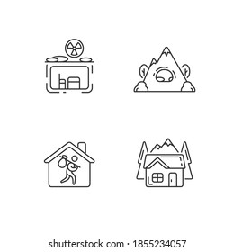 Transitional Housing Linear Icons Set. Fallout Bunker. Civil Defense Measures. Refugee Shelter. Customizable Thin Line Contour Symbols. Isolated Vector Outline Illustrations. Editable Stroke