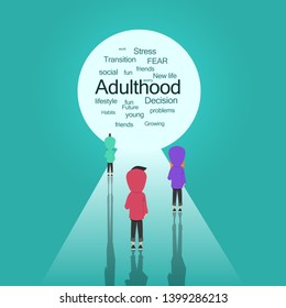 Transitions to adulthood concept.Young characters standing near white passage with different adulthood words.Flat cartoon design