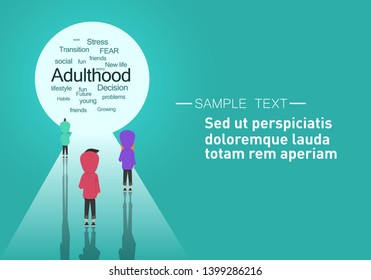 Transitions to adulthood concept.Young characters standing near white passage with different adulthood words.Copyspace.Flat cartoon design