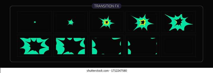 Transitions Animation Effect. Bomb Explosion Animation. Smoke Transitions FX Sprite Sheet Of Ready For Games, Cartoon Or Animation And Motion Design. Colorful Scene Transition.