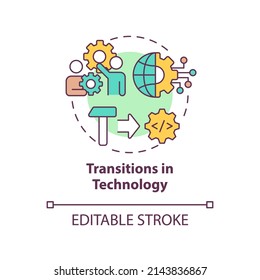 Transitions in technology concept icon. Business digitization. Macro economy trends abstract idea thin line illustration. Isolated outline drawing. Editable stroke. Arial, Myriad Pro-Bold fonts used