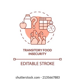 Transitory food insecurity red concept icon. Types of food insecurity abstract idea thin line illustration. Isolated outline drawing. Editable stroke. Arial, Myriad Pro-Bold fonts used