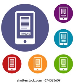 Translate application on a smartphone icons set in flat circle reb, blue and green color for web