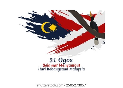 Translate: August 31, Happy National Day of Malaysia. Happy Independence day of Malaysia vector illustration. Suitable for greeting card, poster and banner.