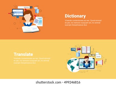 Translate Dictionary Vocabulary Technology Translation Tool Web Banner Flat Vector Illustration