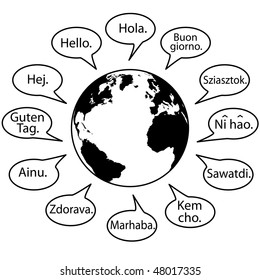 Translate Earth Languages say Hello World in speech bubbles.