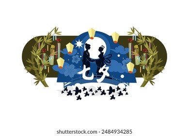 Translate: "Evening of the seventh". Tanabata festival Vector Illustration. Suitable for greeting card, poster and banner