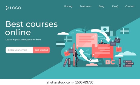 Translate flat tiny person vector illustration landing page template design. Language knowledge and talking using dictionary. Multilingual documents and foreign speech education. International culture