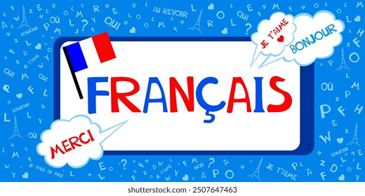 Translate: "French".  Francais. Learning French Online education concept. French language.  Dictionnaire. Dictionary. Vector illustration for education, foreign language study. French for kids.  