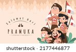 Translate: Happy Scout Day August 14 Indonesian Festival Day. Selamat Hari Pramuka. Vector Illustration. Boy and girl Student celebrate pramuka day. 