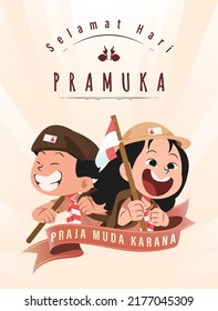 Übersetzen: Happy Scout Day 14. August Indonesian Festival Tag. Selamat Hari Pramuka. Vektorgrafik. Junge und Mädchen Student feiern Pramuka-Tag. 