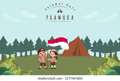 Übersetzen: Happy Scout Day 14. August Indonesian Festival Tag. Selamat Hari Pramuka. Vektorgrafik. Junge und Mädchen Student feiern Pramuka-Tag. 