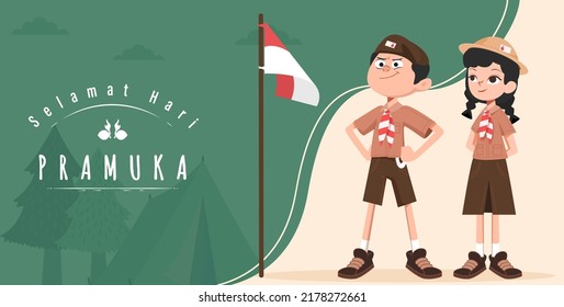 Übersetzen: Happy Scout Day 14. August Indonesian Festival Tag. Selamat Hari Pramuka. Vektorgrafik. Junge und Mädchen Student feiern Pramuka-Tag. 