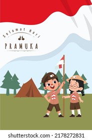 Übersetzen: Happy Scout Day 14. August Indonesian Festival Tag. Selamat Hari Pramuka. Vektorgrafik. Junge und Mädchen Student feiern Pramuka-Tag. 