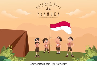 Übersetzen: Happy Scout Day 14. August Indonesian Festival Tag. Selamat Hari Pramuka. Vektorgrafik. Junge und Mädchen Student feiern Pramuka-Tag. 