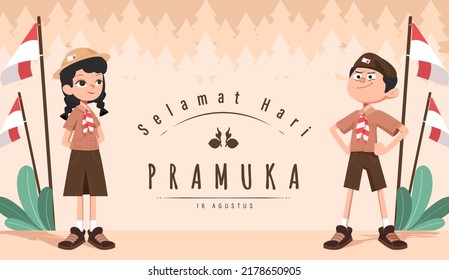 Traducir: Feliz Día del Scout el 14 de agosto, Día del Festival de Indonesia. Selamat Hari Pramuka. Ilustración vectorial. Muchacho y chica Estudiante celebra el día del pramuka. 