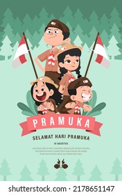 Translate: Happy Scout Day August 14 Indonesian Festival Day. Selamat Hari Pramuka. Vector Illustration. Boy and girl Student celebrate pramuka day. 