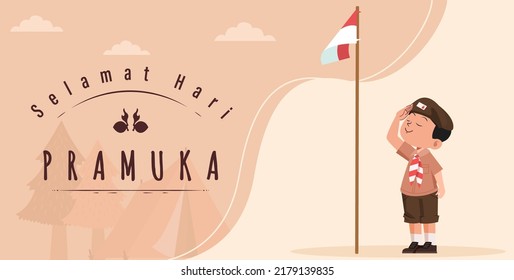 Übersetzen: Happy Scout Day 14. August Indonesian Festival Tag. Selamat Hari Pramuka. Vektorgrafik. Junge und Mädchen Student feiern Pramuka-Tag. 