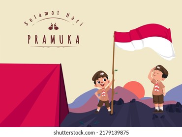 Übersetzen: Happy Scout Day 14. August Indonesian Festival Tag. Selamat Hari Pramuka. Vektorgrafik. Junge und Mädchen Student feiern Pramuka-Tag. 