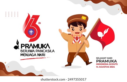 Translate: Happy Scout Day August 14 Indonesian Festival Day with 63rd logo. Selamat Hari Pramuka 2024. Vector Illustration. Boy Student celebrate pramuka day 2024.
