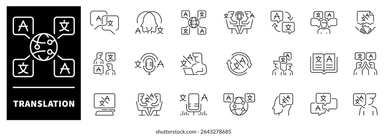 Symbolsatz übersetzen. Dünne Liniensymbole für Übersetzung und Übersetzer. Übersetzungswebsymbole im Linienstil. Sammlung übersetzungsbezogener Gliederungssymbole