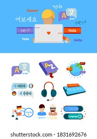 Translate icons. Nationalities alphabet global translation for bilingual foreign language app service graphic vector concept pictures