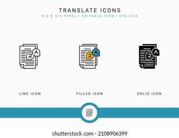 Translate icons set vector illustration with solid icon line style. Text language publication concept. Editable stroke icon on isolated background for web design, user interface, and mobile app