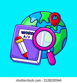 Translate illustration concept with hand drawn of globe, dictionary, magnifying glass doodle 
