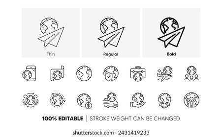 Translate language, global law, outsource business. World business line icons set. International organization, financial transactions, world map icons. Delivery service, global outsource. Vector