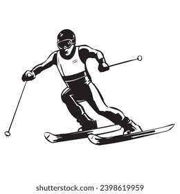 Kayakçı. Translate: Male Skier in action silhouette. Alpine Skiing men jump downhill black silhouette. Vector illustration
