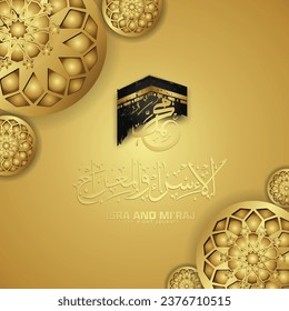 Translate Night journey of Prophet Muhammad greeting card template with mosque silhouette and floral circle of Islamic mosaic ornament. design in texture and 3d style.
