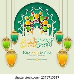 Translate Night journey of Prophet Muhammad greeting card template with mosque silhouette and floral circle of Islamic mosaic ornament. design in texture and 3d style.