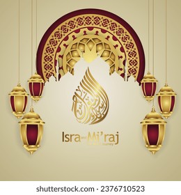Translate Night journey of Prophet Muhammad greeting card template with mosque silhouette and floral circle of Islamic mosaic ornament. design in texture and 3d style.