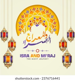 Translate Night journey of Prophet Muhammad  greeting card template with mosque silhouette and floral circle of Islamic mosaic ornament. design in texture and 3d style.
