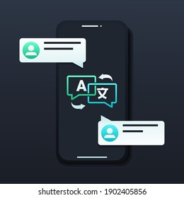Translate on screen phone sign. Two chat speech message bubbles with language translation. Multilingual online talking, speak, conversation, dialog design concept. Illustration vector