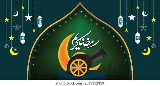 Translate ramadan kareem in arabic language calligraphy with a cannon and crescent moon Hanging ornaments design template