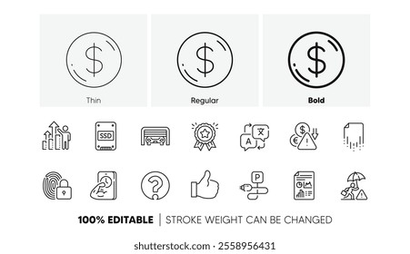 Translate, Report document and Risk management line icons. Pack of Parking garage, Ssd, Fitness icon. Lock, Recovery file, Employee results pictogram. Charging parking, Loyalty award, Like. Vector