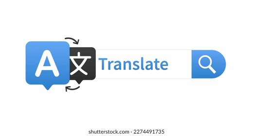 Translate using Internet, translation search. Multilingual online translator. Translation application icon. Online translator. Multilingual communication. Banner for websites. Vector illustration