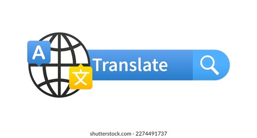Übersetzen mit Internet, Übersetzungssuche. Mehrsprachiger Online-Übersetzer. Symbol für Übersetzungssoftware. Online-Übersetzer. Mehrsprachige Kommunikation. Banner für Webseiten. Vektorgrafik