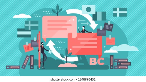 Translate vector illustration. Flat mini persons concept. Language knowledge and talking using dictionary. Multilingual documents and foreign speech education. International culture business teamwork